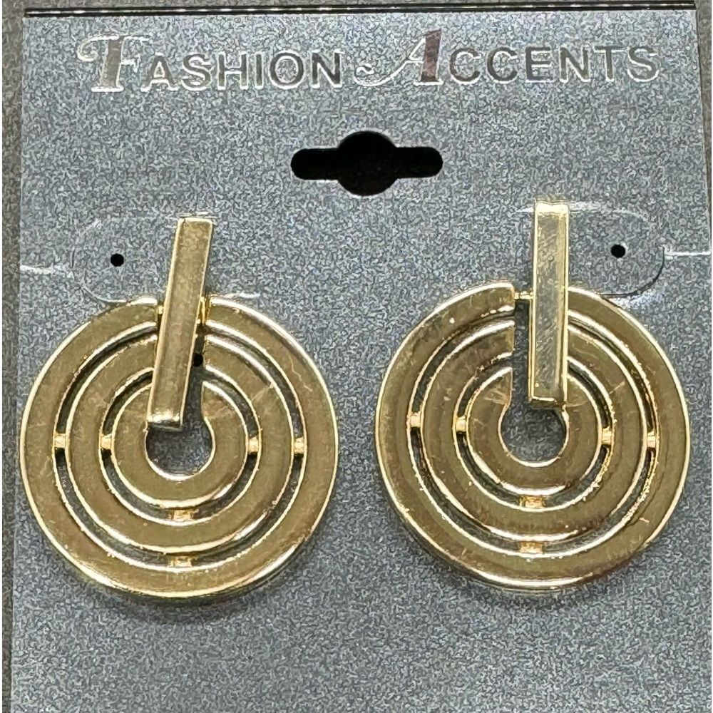 Gold Tone Multi Rings Dangle Post Earrings 1.5 inch - Picture 5 of 5